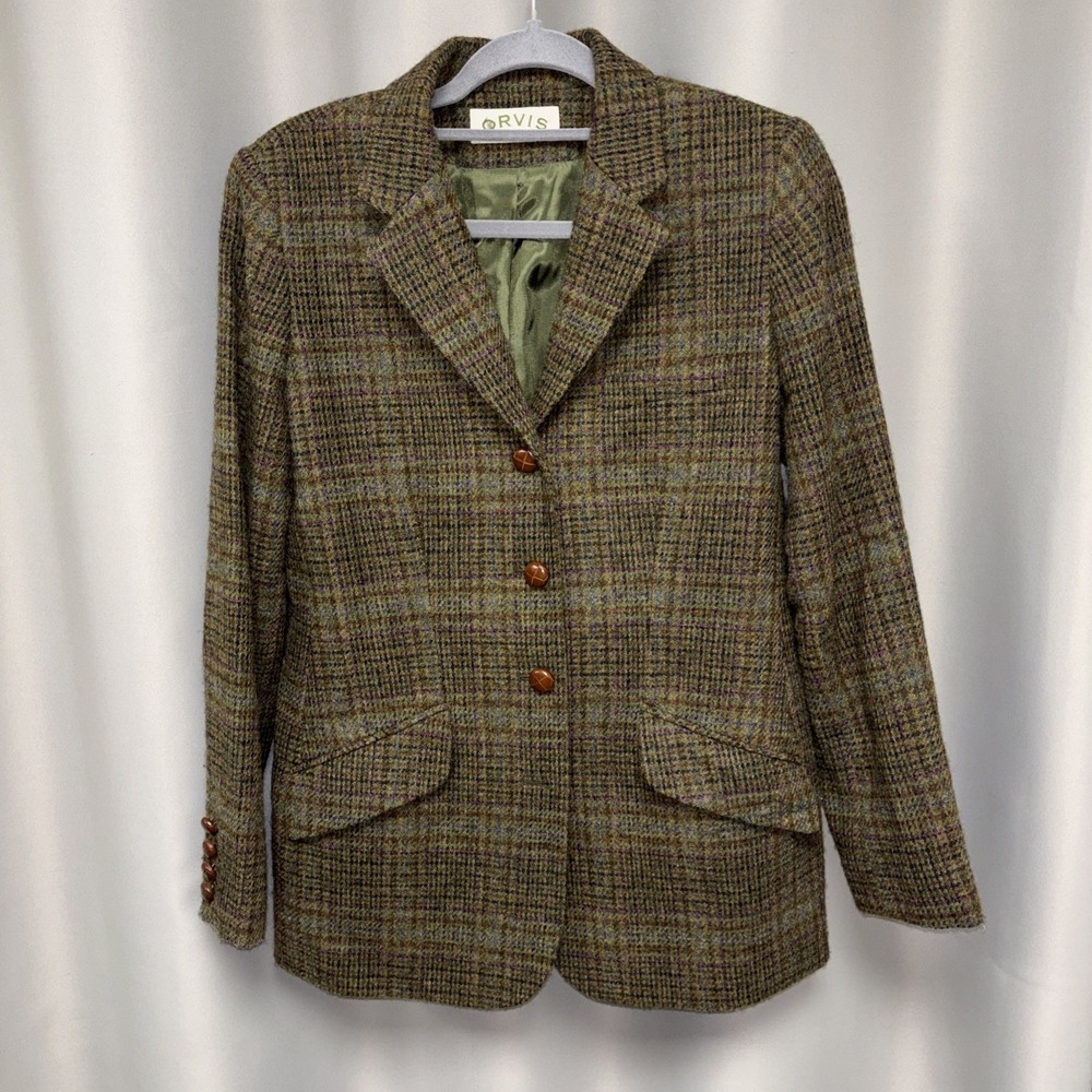 100% Wool Orvis Blazer with Leather Buttons Tweed Jacket Size 6 Women's